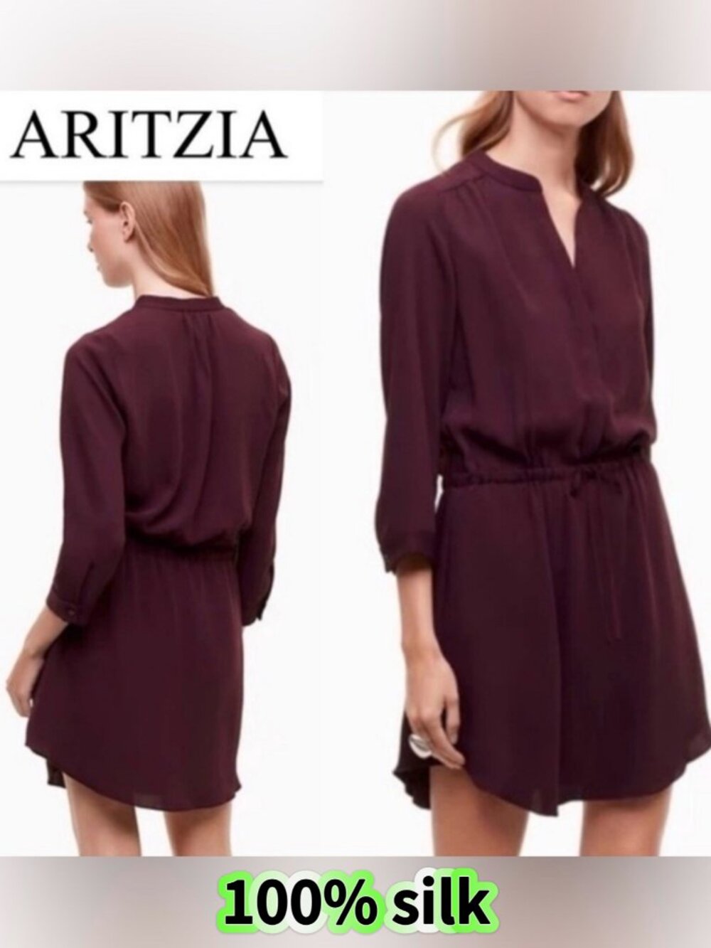 (Like New) ARITZIA BABATON | 100% Silk Burgundy Plum Drawstring Waist Mini Dress